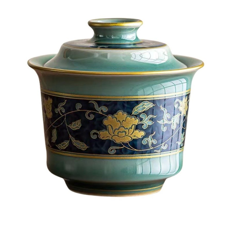 Tea The Culture of Tea Preparation | Gaiwan, Celadon Horseshoe, Turquoise & Blue Porcelain With Yellow Rose